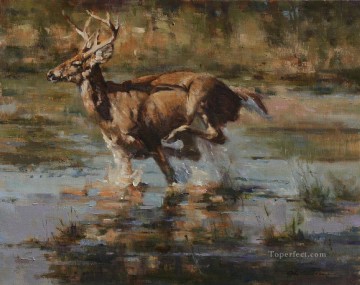 Deer Painting - running whitetail in swamp